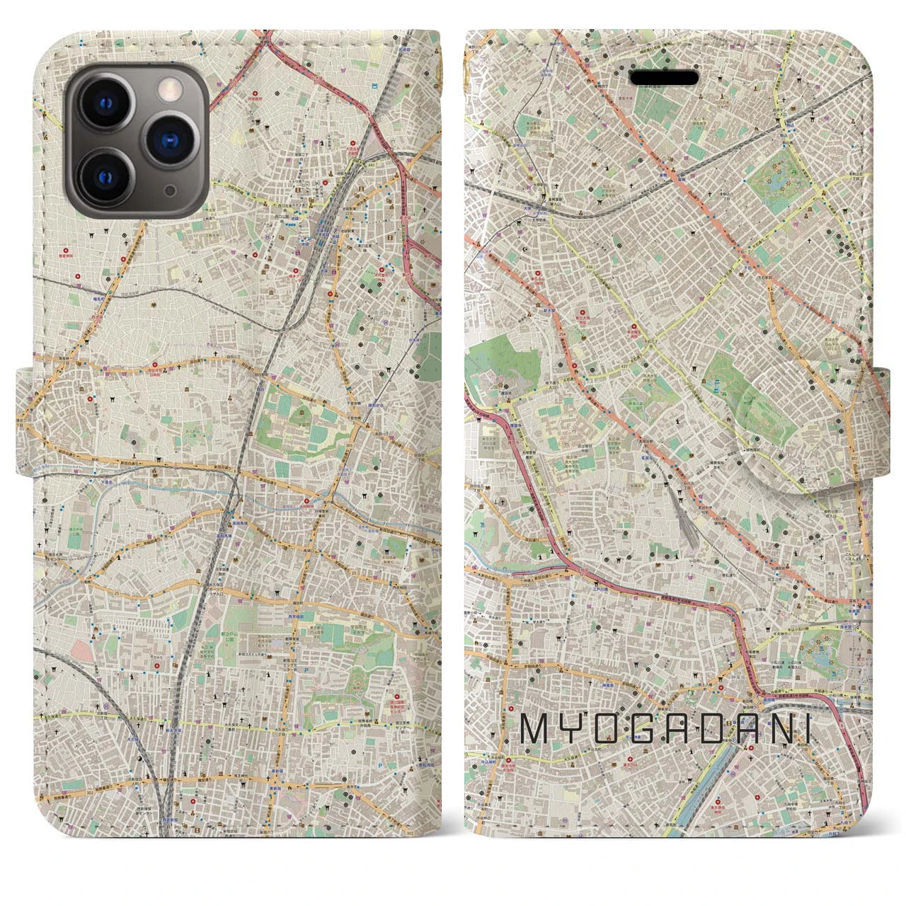【茗荷谷】地図柄iPhoneケース（手帳両面タイプ・ナチュラル）iPhone 11 Pro Max 用
