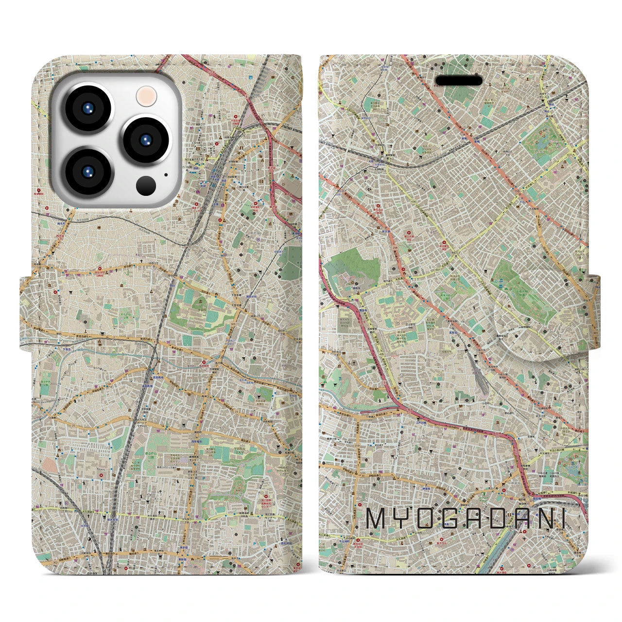 【茗荷谷】地図柄iPhoneケース（手帳両面タイプ・ナチュラル）iPhone 13 Pro 用