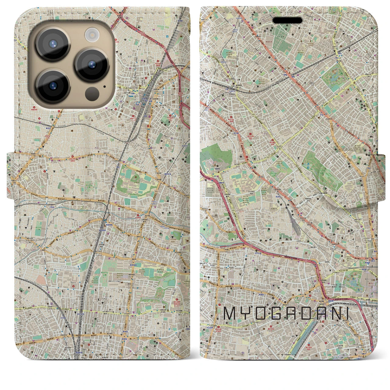 【茗荷谷】地図柄iPhoneケース（手帳両面タイプ・ナチュラル）iPhone 14 Pro Max 用