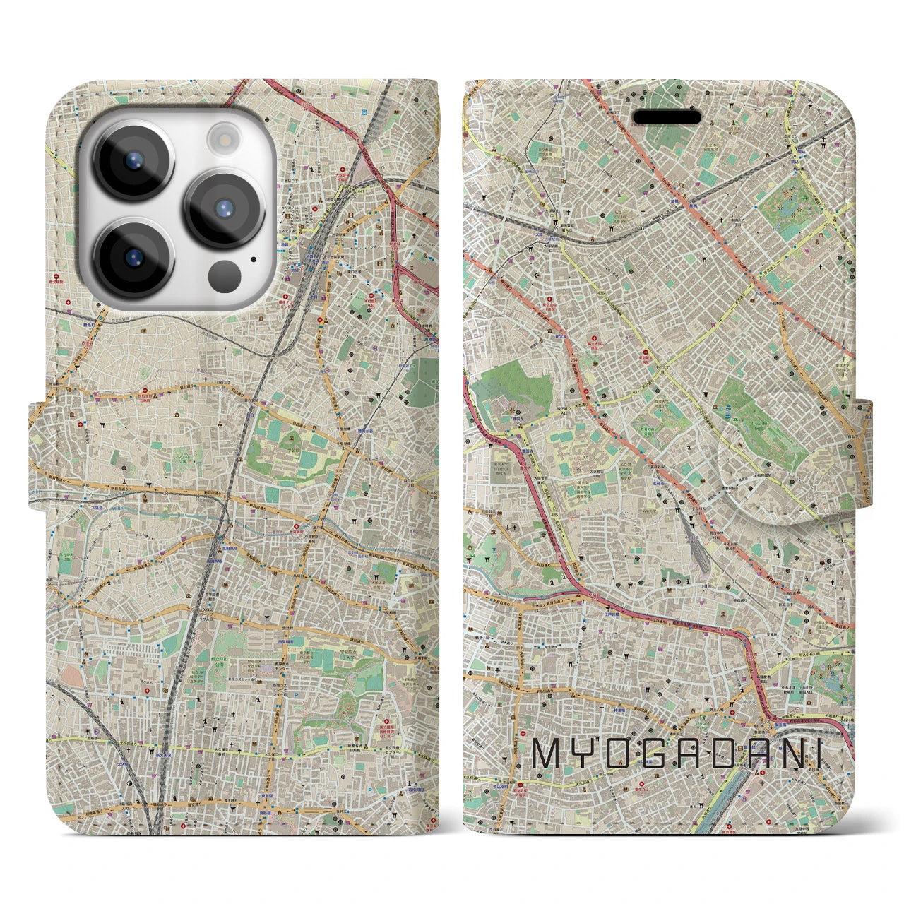 【茗荷谷】地図柄iPhoneケース（手帳両面タイプ・ナチュラル）iPhone 14 Pro 用