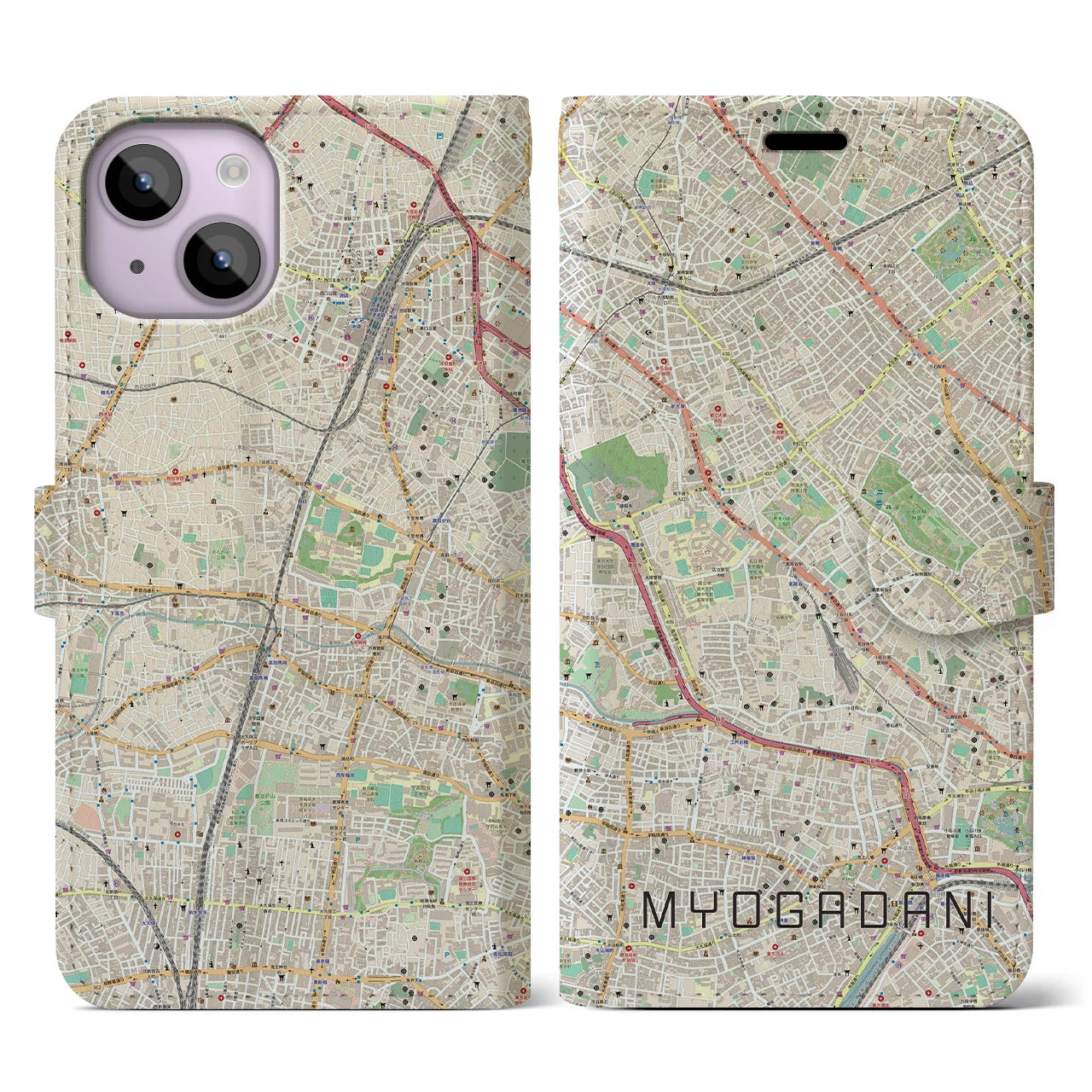 【茗荷谷】地図柄iPhoneケース（手帳両面タイプ・ナチュラル）iPhone 14 用