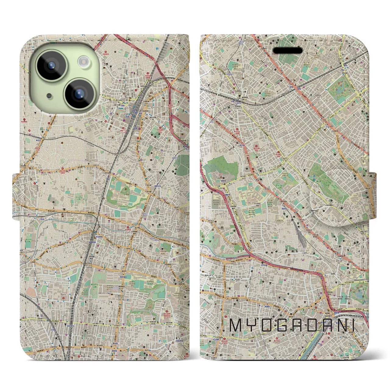 【茗荷谷】地図柄iPhoneケース（手帳両面タイプ・ナチュラル）iPhone 15 用
