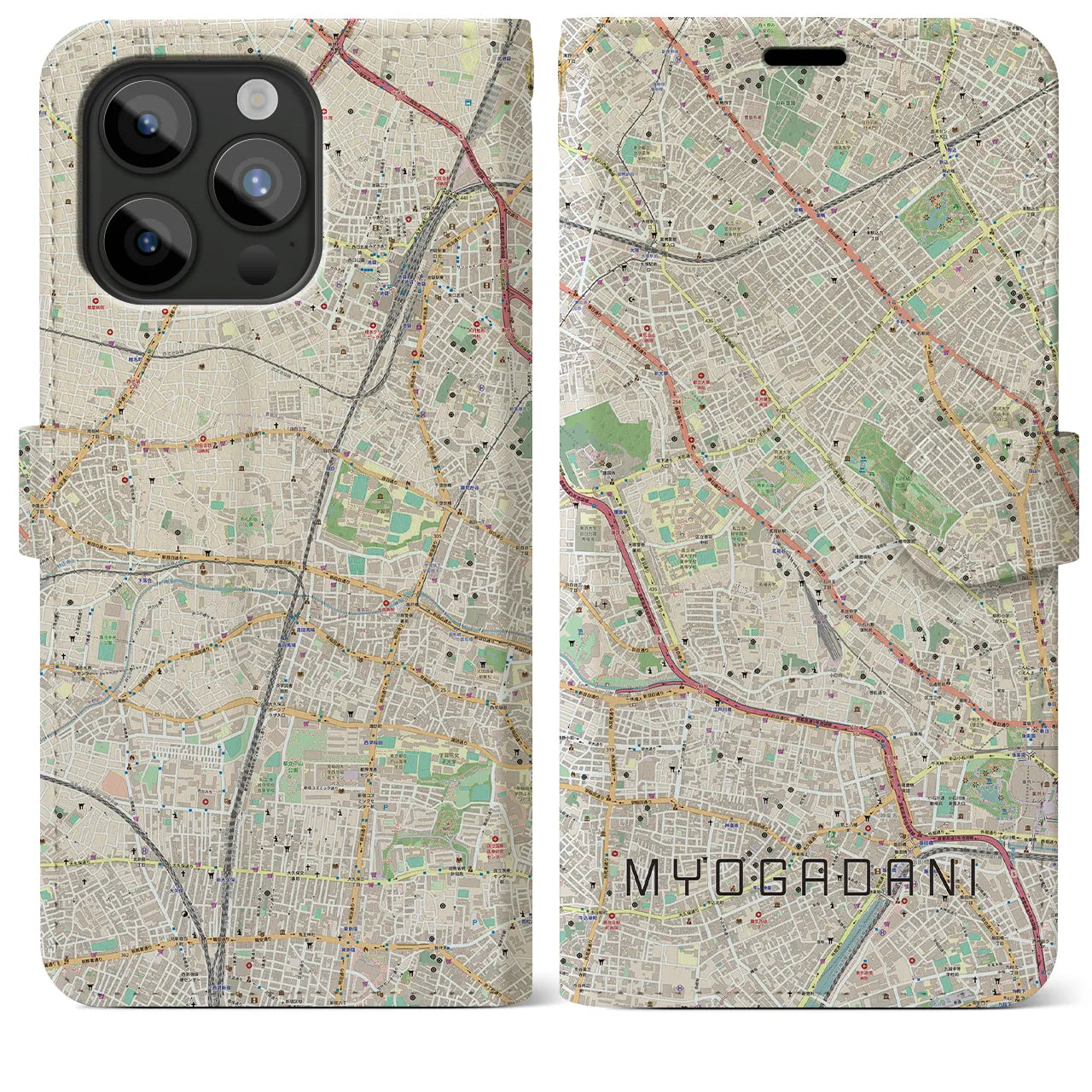 【茗荷谷】地図柄iPhoneケース（手帳両面タイプ・ナチュラル）iPhone 15 Pro Max 用