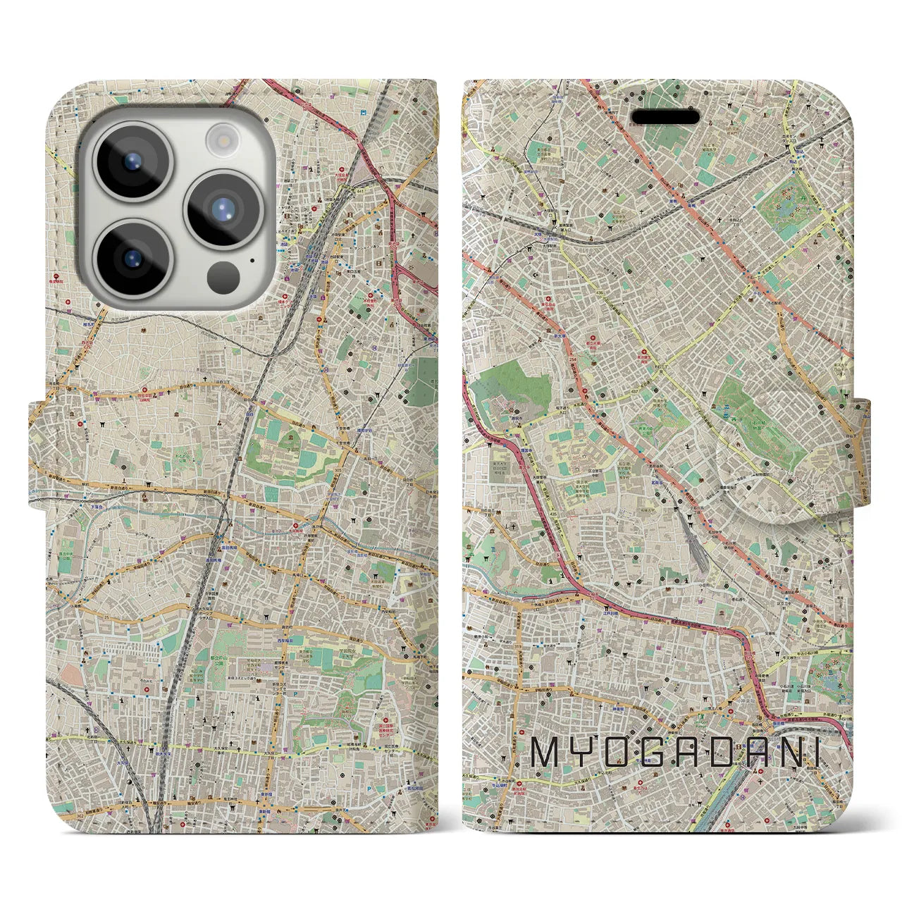 【茗荷谷】地図柄iPhoneケース（手帳両面タイプ・ナチュラル）iPhone 15 Pro 用