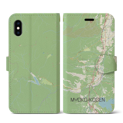 【妙高高原（新潟県）】地図柄iPhoneケース（手帳タイプ）ナチュラル・iPhone XS / X 用