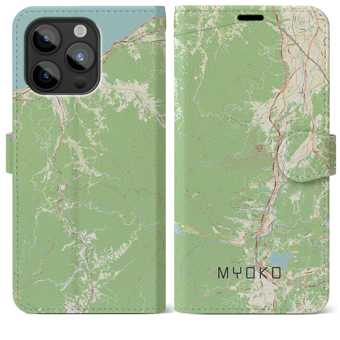 【妙高】地図柄iPhoneケース（手帳両面タイプ・ナチュラル）iPhone 15 Pro Max 用