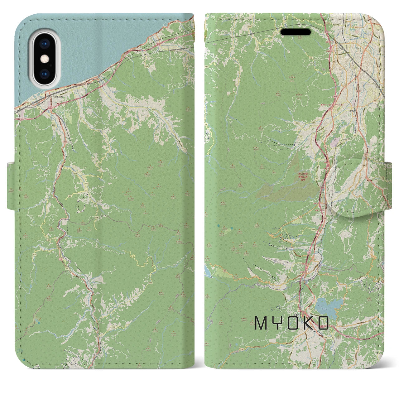 【妙高】地図柄iPhoneケース（手帳両面タイプ・ナチュラル）iPhone XS Max 用