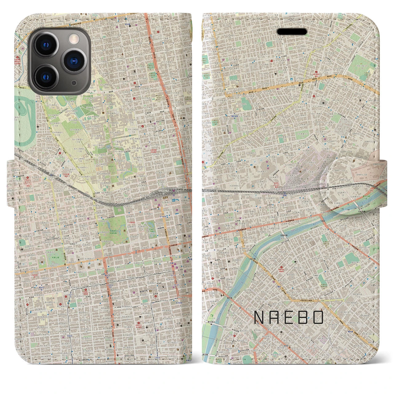 【苗穂】地図柄iPhoneケース（手帳両面タイプ・ナチュラル）iPhone 11 Pro Max 用