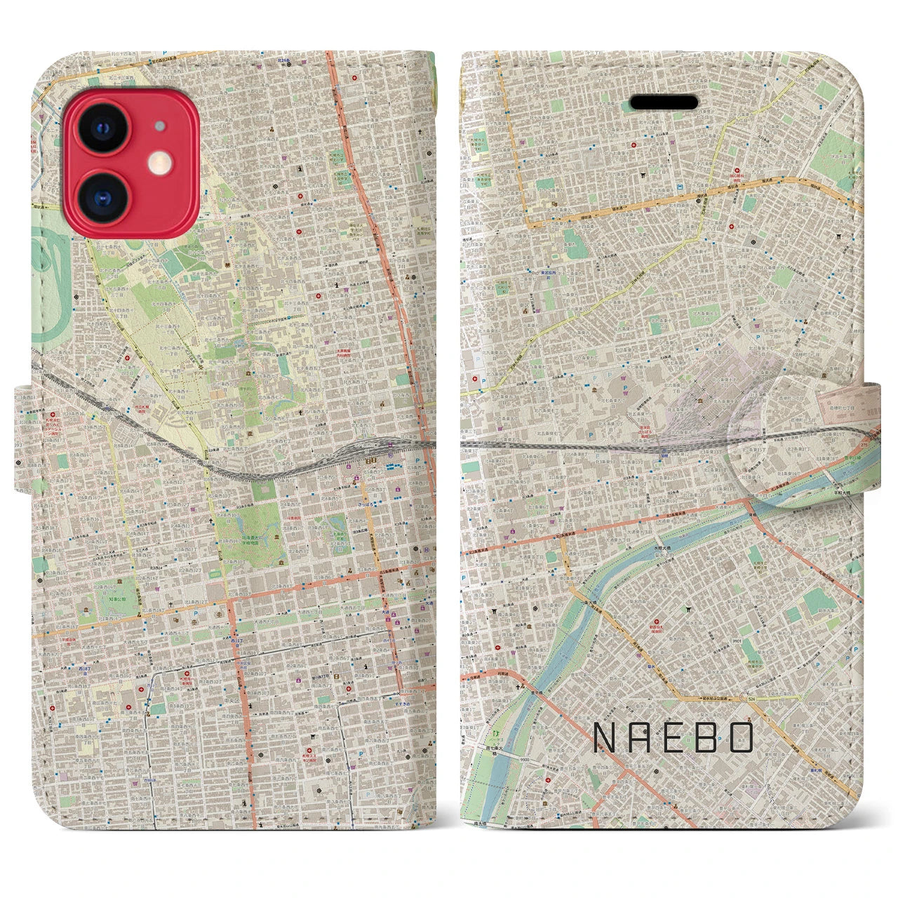 【苗穂】地図柄iPhoneケース（手帳両面タイプ・ナチュラル）iPhone 11 用