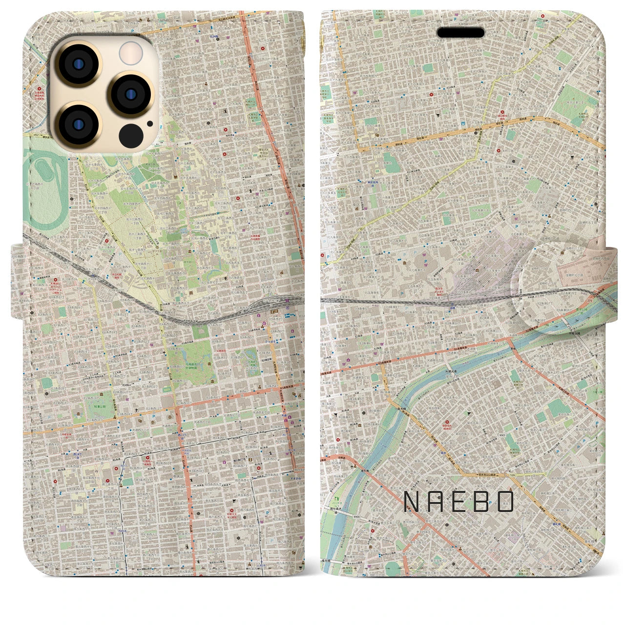 【苗穂】地図柄iPhoneケース（手帳両面タイプ・ナチュラル）iPhone 12 Pro Max 用