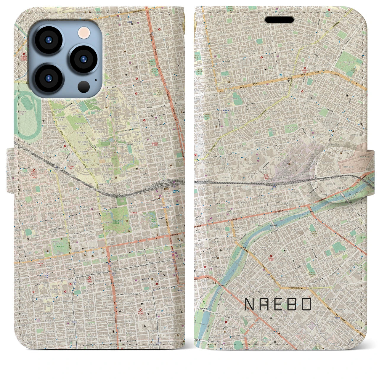 【苗穂】地図柄iPhoneケース（手帳両面タイプ・ナチュラル）iPhone 13 Pro Max 用