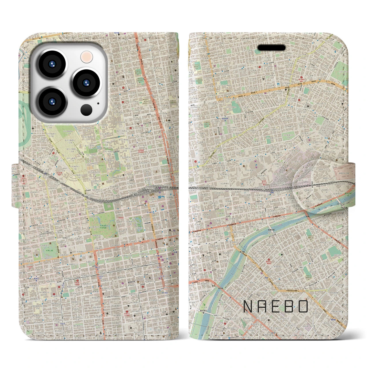 【苗穂】地図柄iPhoneケース（手帳両面タイプ・ナチュラル）iPhone 13 Pro 用