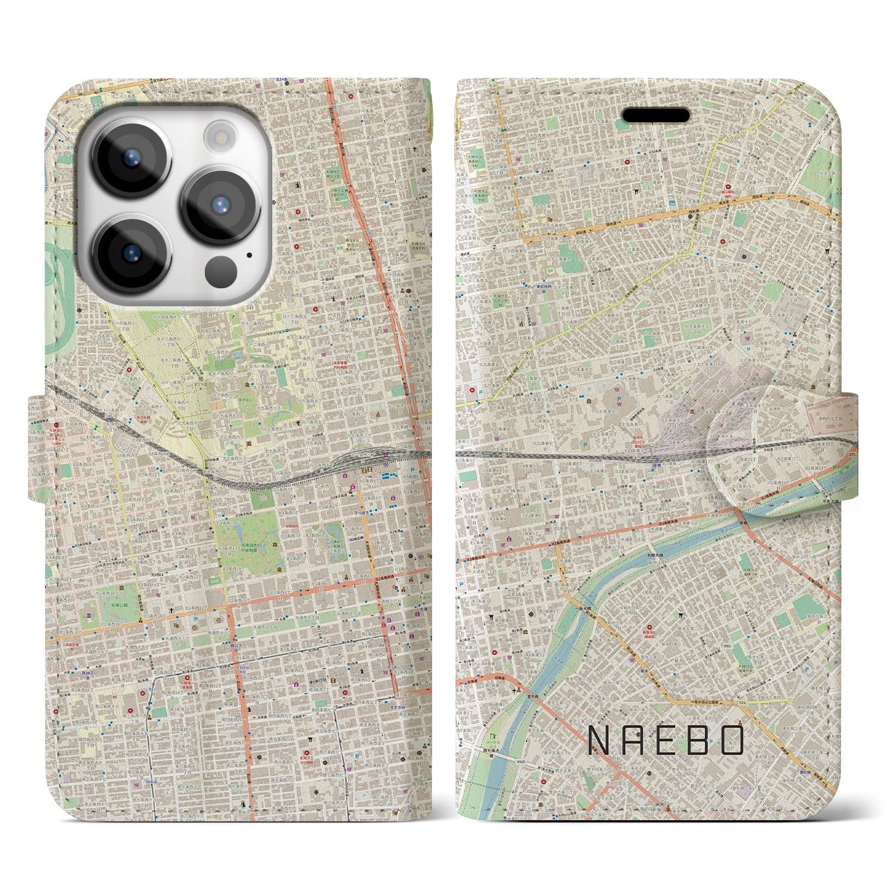 【苗穂】地図柄iPhoneケース（手帳両面タイプ・ナチュラル）iPhone 14 Pro 用