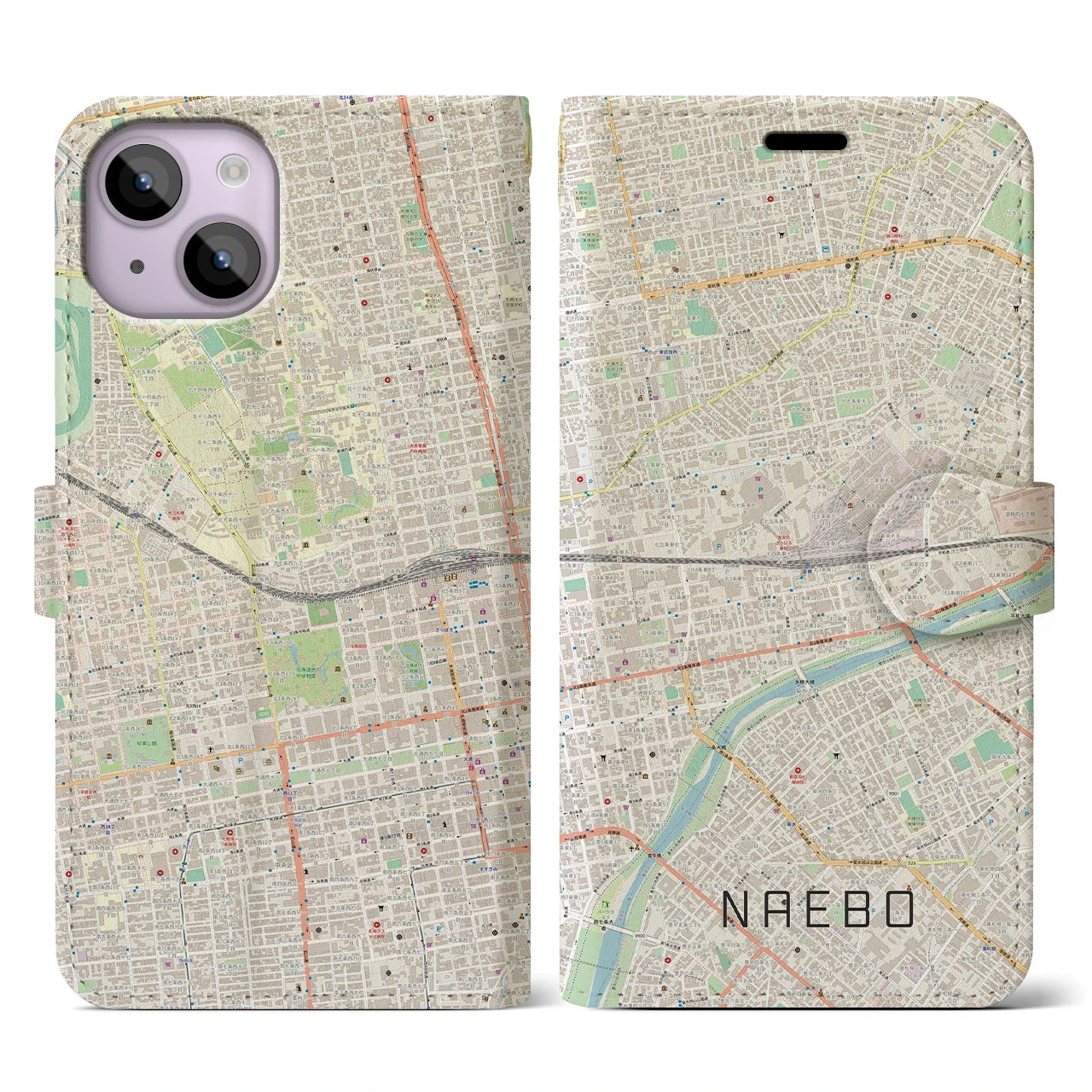 【苗穂】地図柄iPhoneケース（手帳両面タイプ・ナチュラル）iPhone 14 用