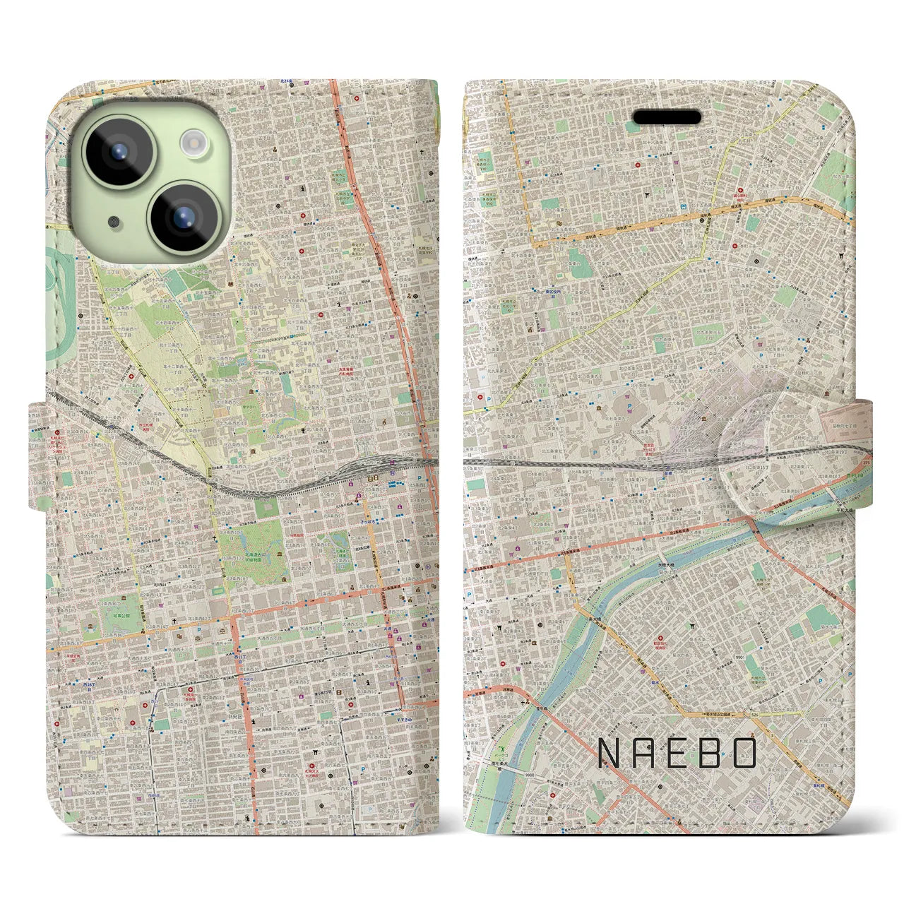 【苗穂】地図柄iPhoneケース（手帳両面タイプ・ナチュラル）iPhone 15 用