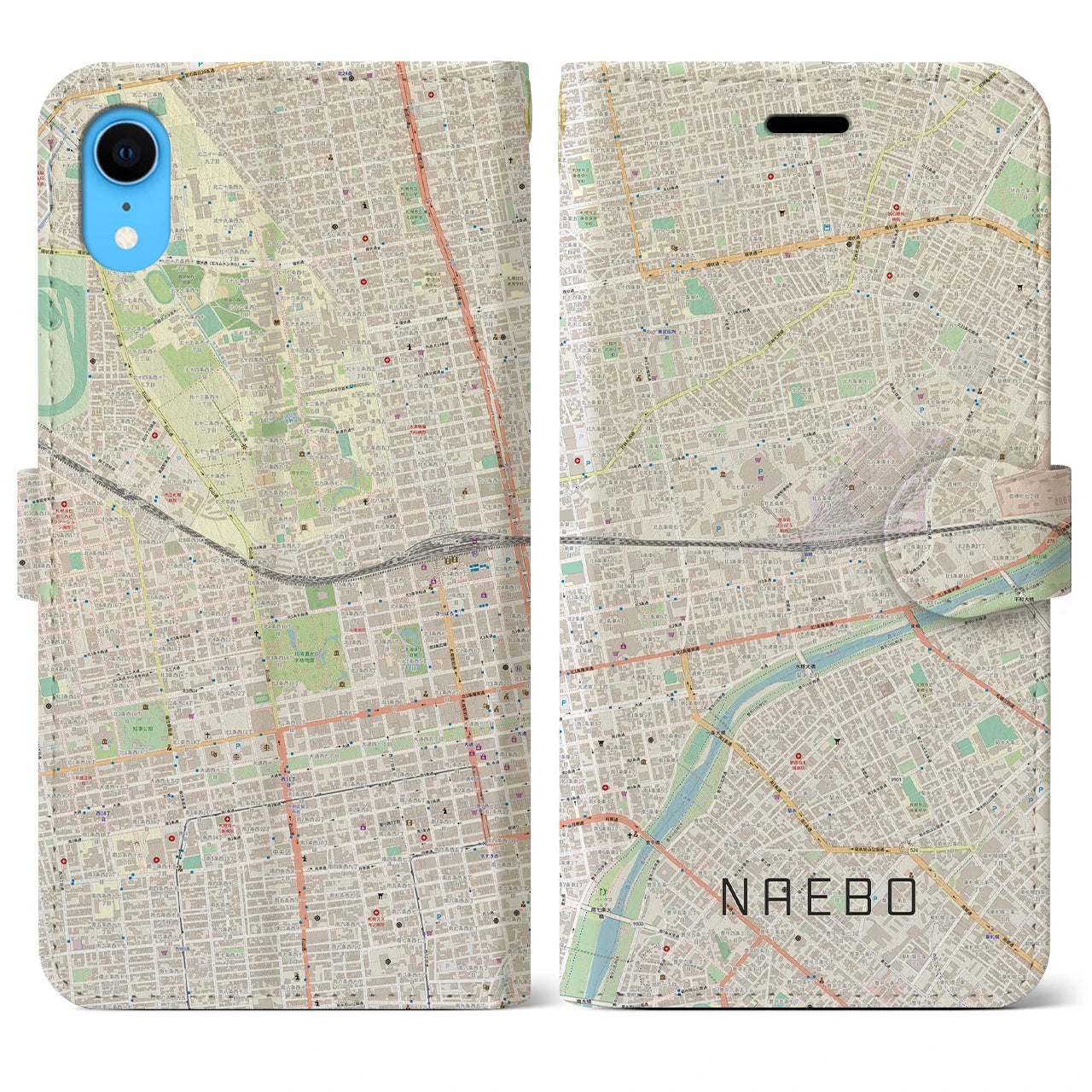 【苗穂】地図柄iPhoneケース（手帳両面タイプ・ナチュラル）iPhone XR 用