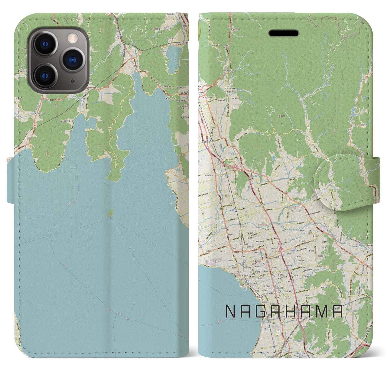 【長浜】地図柄iPhoneケース（手帳両面タイプ・ナチュラル）iPhone 11 Pro Max 用