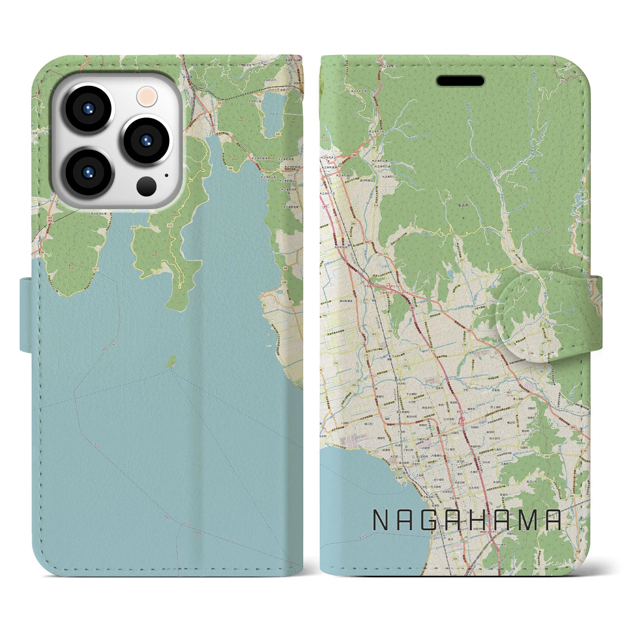 【長浜】地図柄iPhoneケース（手帳両面タイプ・ナチュラル）iPhone 13 Pro 用