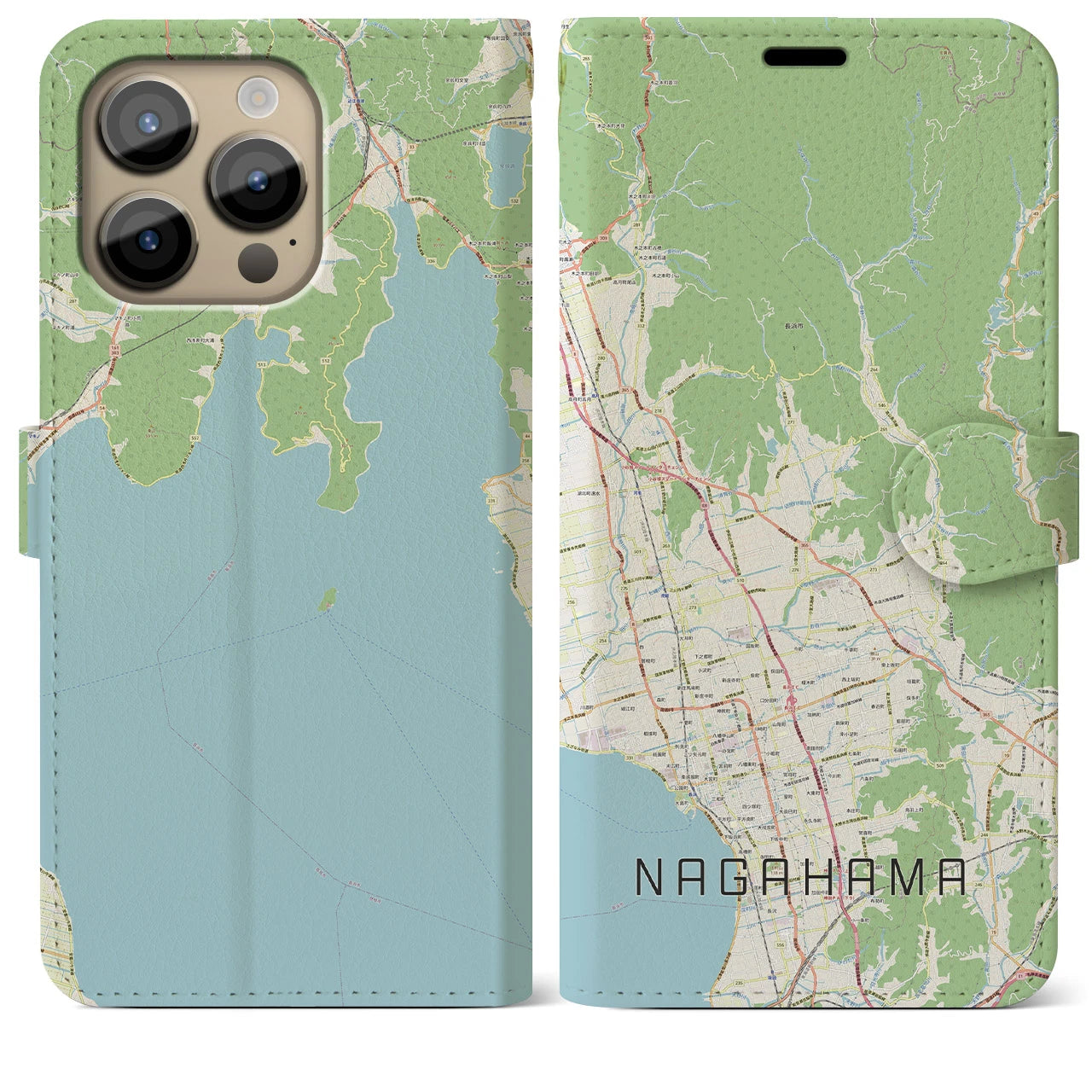 【長浜】地図柄iPhoneケース（手帳両面タイプ・ナチュラル）iPhone 14 Pro Max 用