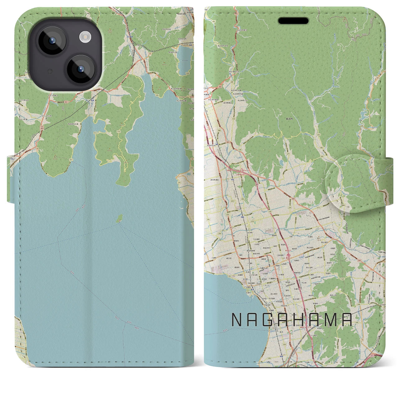 【長浜】地図柄iPhoneケース（手帳両面タイプ・ナチュラル）iPhone 14 Plus 用