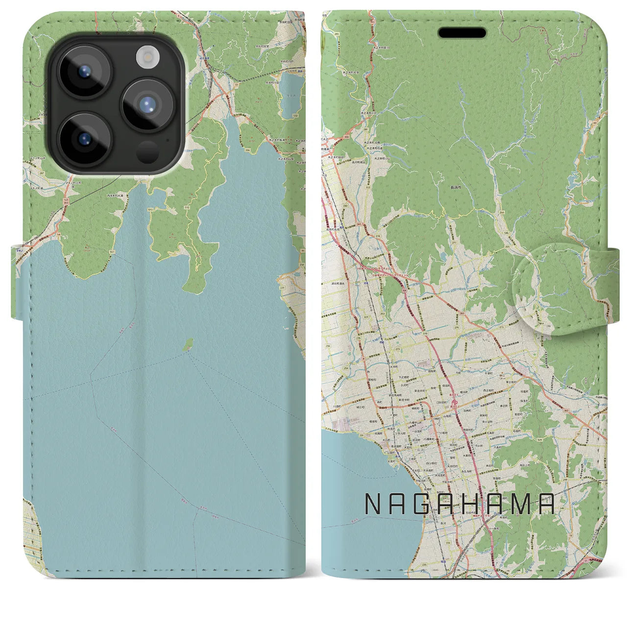 【長浜】地図柄iPhoneケース（手帳両面タイプ・ナチュラル）iPhone 15 Pro Max 用