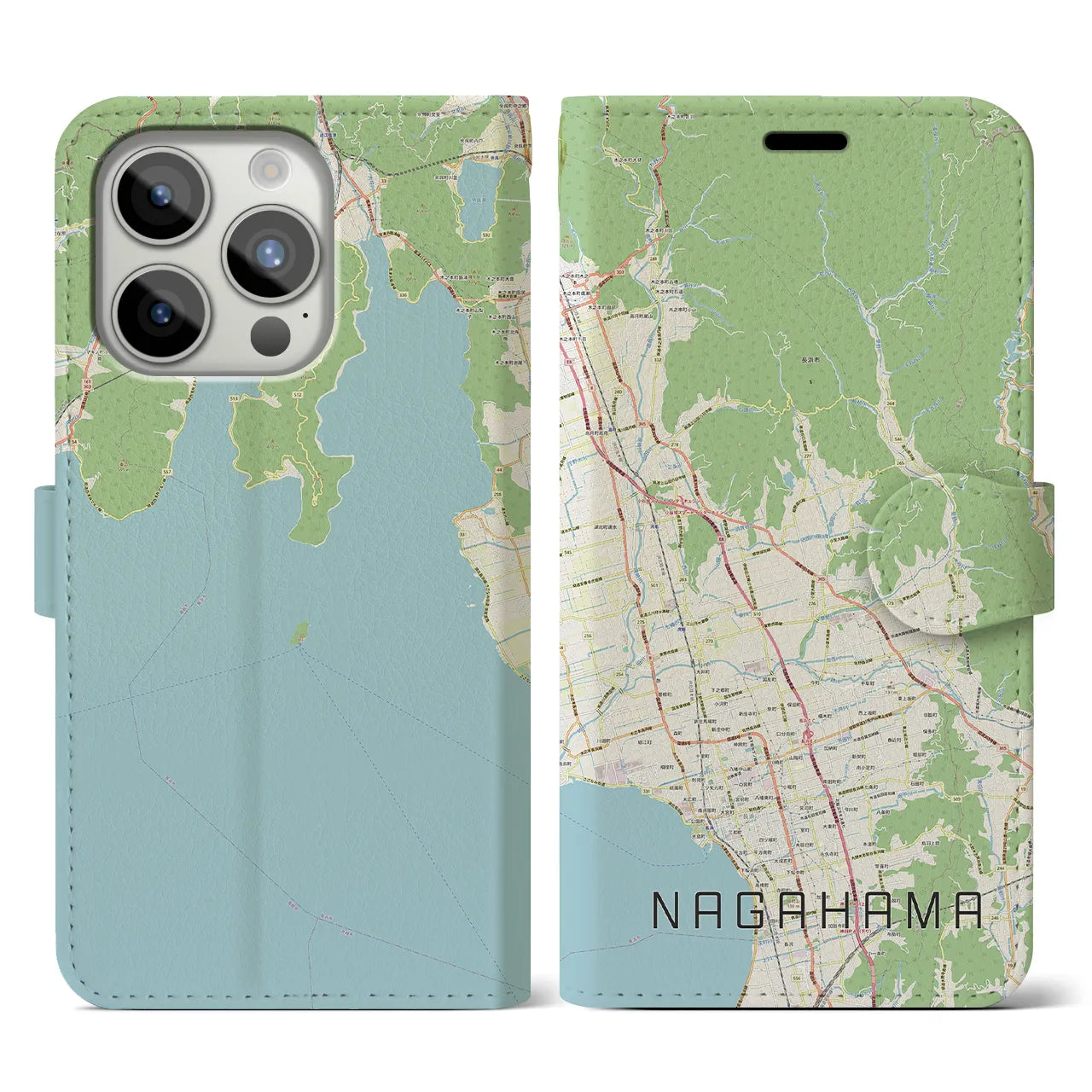 【長浜】地図柄iPhoneケース（手帳両面タイプ・ナチュラル）iPhone 15 Pro 用