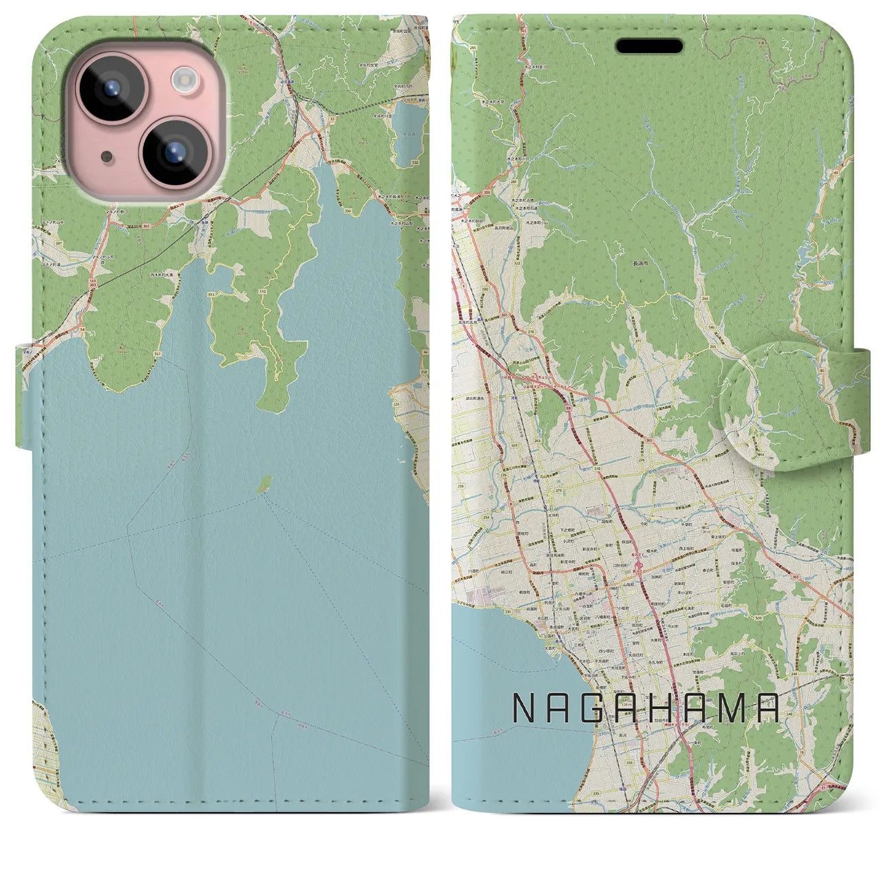 【長浜】地図柄iPhoneケース（手帳両面タイプ・ナチュラル）iPhone 15 Plus 用
