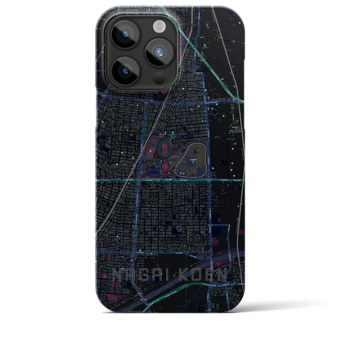 【長居公園】地図柄iPhoneケース（バックカバータイプ・ブラック）iPhone 15 Pro Max 用