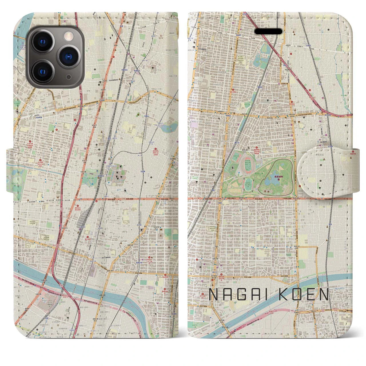 【長居公園】地図柄iPhoneケース（手帳両面タイプ・ナチュラル）iPhone 11 Pro Max 用