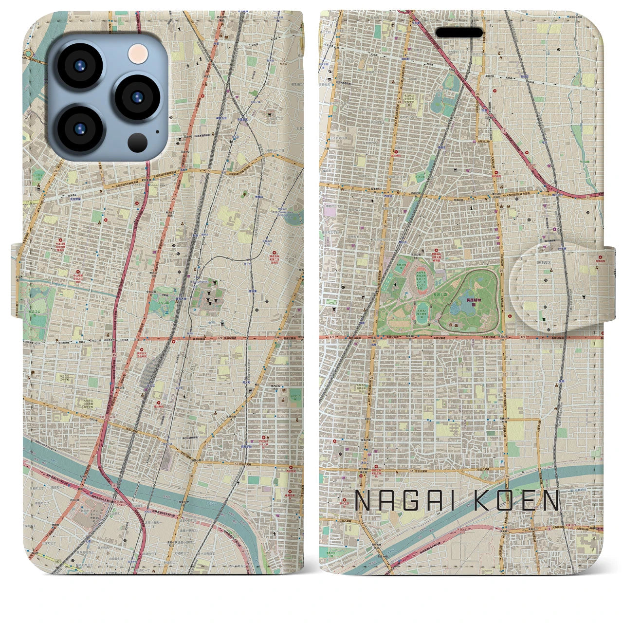 【長居公園】地図柄iPhoneケース（手帳両面タイプ・ナチュラル）iPhone 13 Pro Max 用