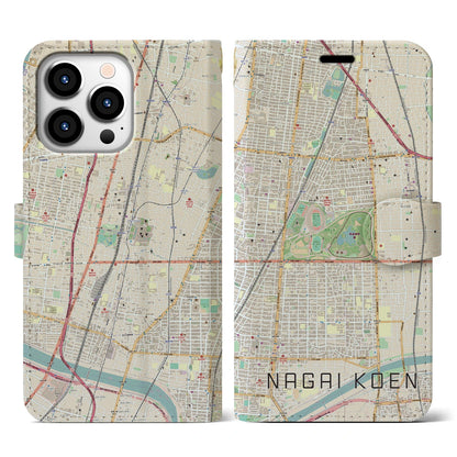 【長居公園（大阪府）】地図柄iPhoneケース（手帳タイプ）ナチュラル・iPhone 13 Pro 用