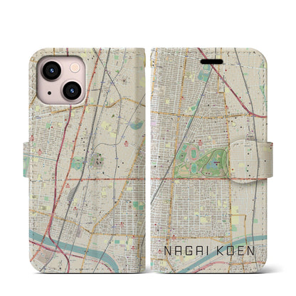 【長居公園（大阪府）】地図柄iPhoneケース（手帳タイプ）ナチュラル・iPhone 13 mini 用