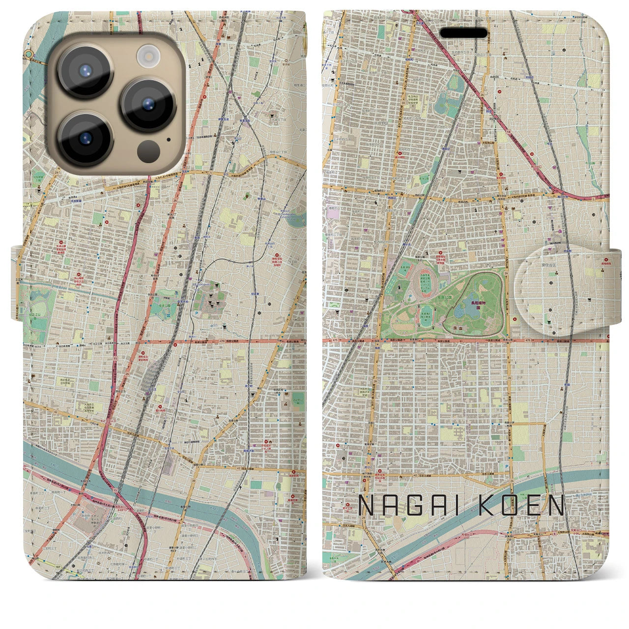 【長居公園】地図柄iPhoneケース（手帳両面タイプ・ナチュラル）iPhone 14 Pro Max 用