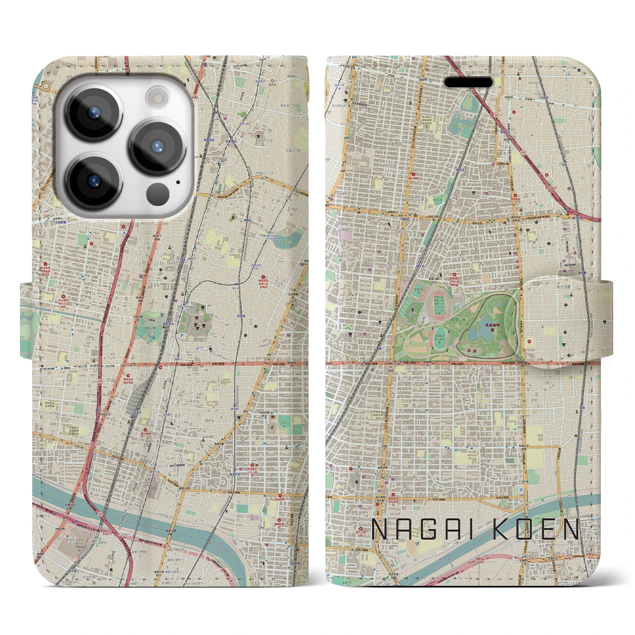 【長居公園】地図柄iPhoneケース（手帳両面タイプ・ナチュラル）iPhone 14 Pro 用