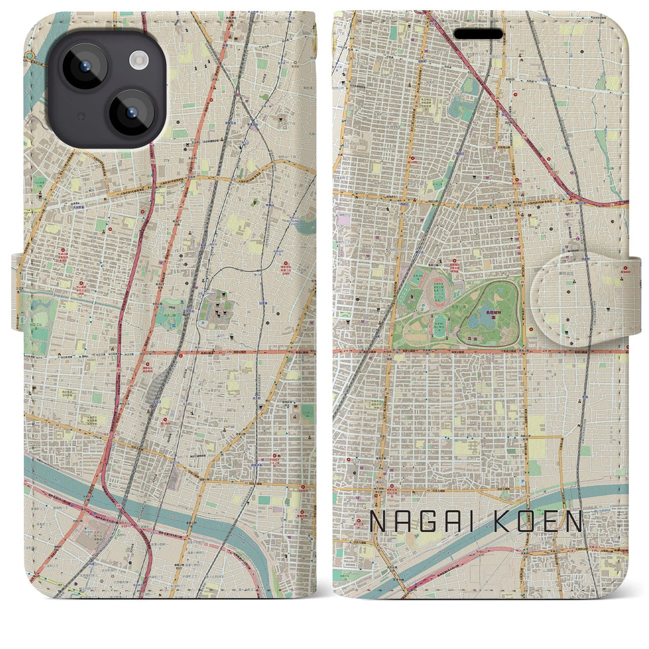 【長居公園】地図柄iPhoneケース（手帳両面タイプ・ナチュラル）iPhone 14 Plus 用