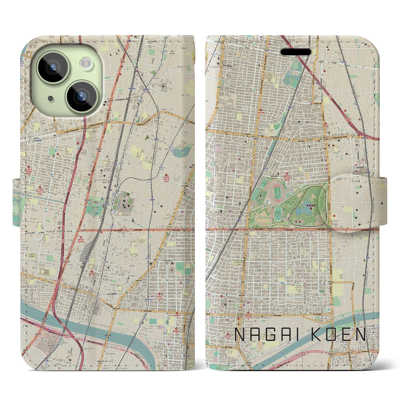 【長居公園】地図柄iPhoneケース（手帳両面タイプ・ナチュラル）iPhone 15 用
