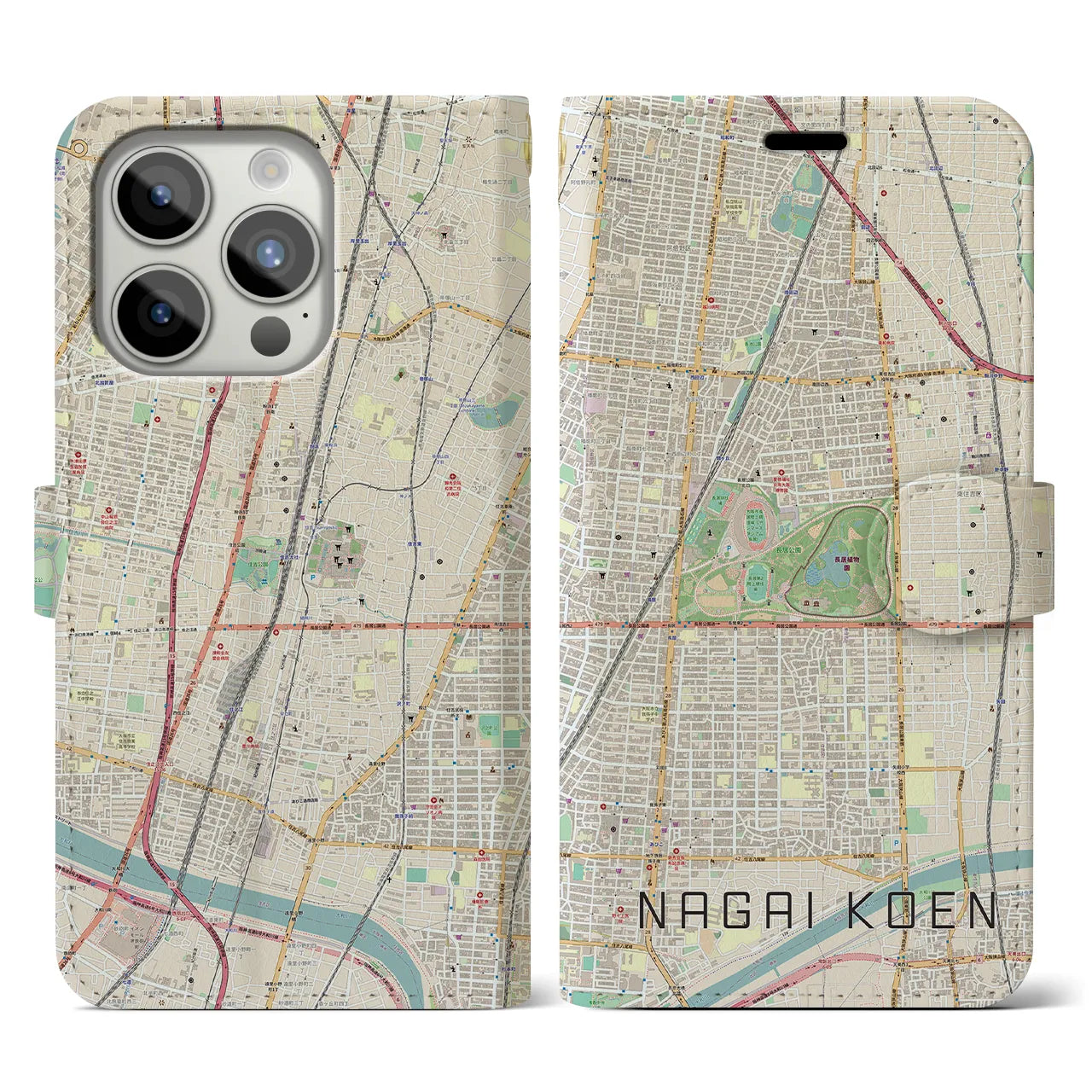 【長居公園】地図柄iPhoneケース（手帳両面タイプ・ナチュラル）iPhone 15 Pro 用