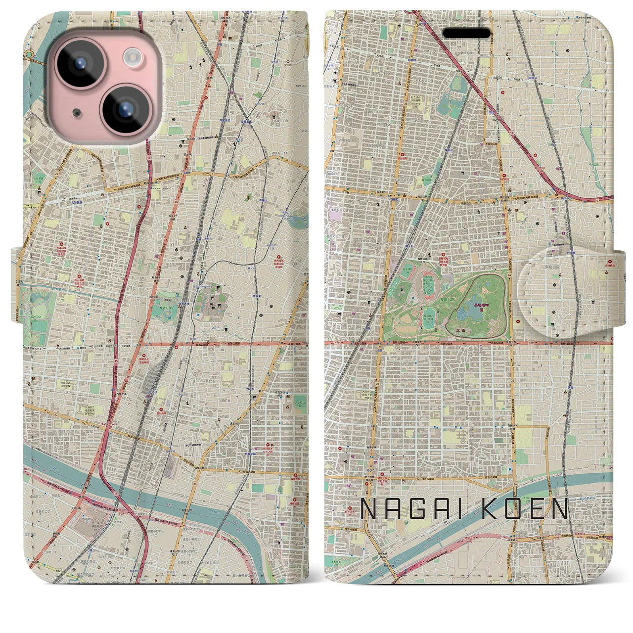 【長居公園】地図柄iPhoneケース（手帳両面タイプ・ナチュラル）iPhone 15 Plus 用