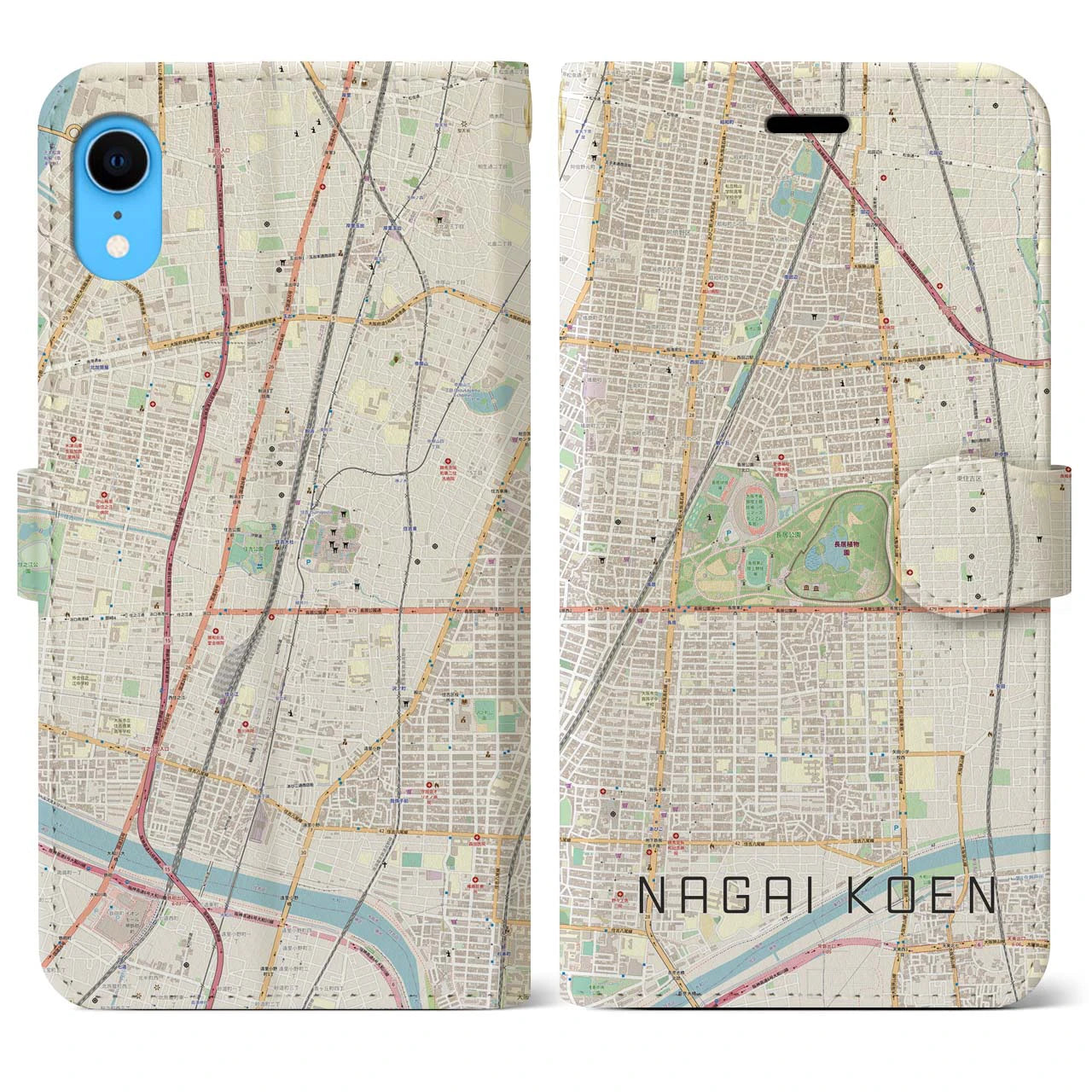 【長居公園】地図柄iPhoneケース（手帳両面タイプ・ナチュラル）iPhone XR 用