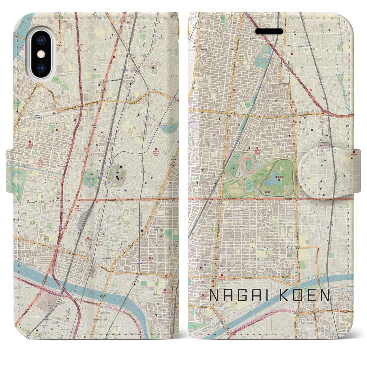 【長居公園】地図柄iPhoneケース（手帳両面タイプ・ナチュラル）iPhone XS Max 用