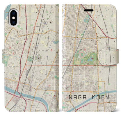 【長居公園（大阪府）】地図柄iPhoneケース（手帳タイプ）ナチュラル・iPhone XS Max 用