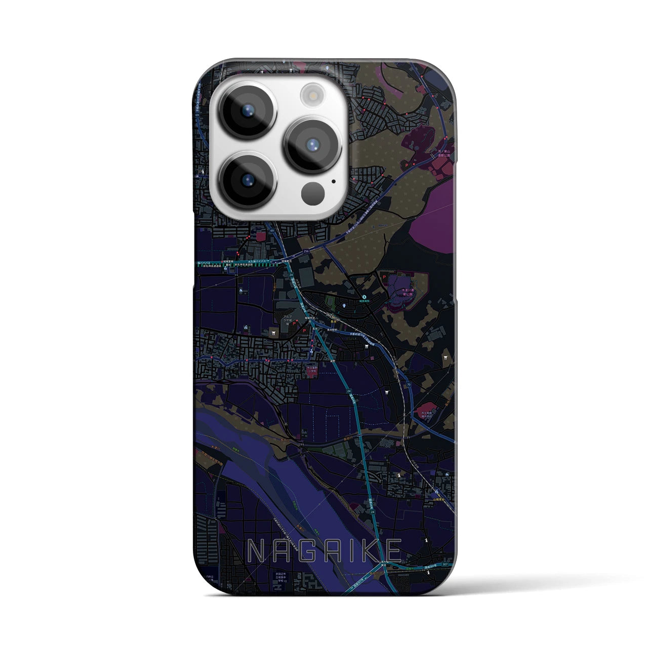 【長池】地図柄iPhoneケース（バックカバータイプ・ブラック）iPhone 14 Pro 用