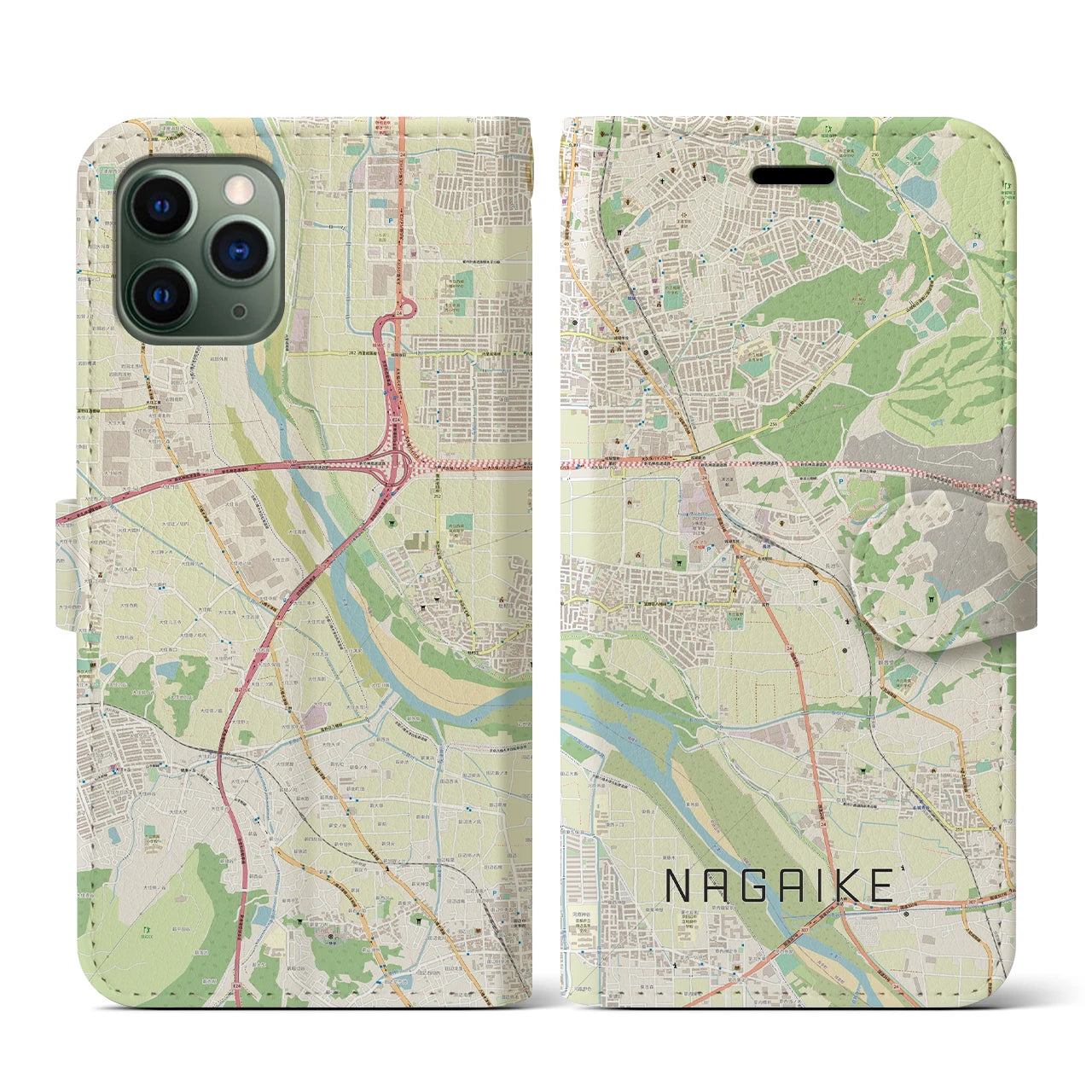 【長池】地図柄iPhoneケース（手帳両面タイプ・ナチュラル）iPhone 11 Pro 用