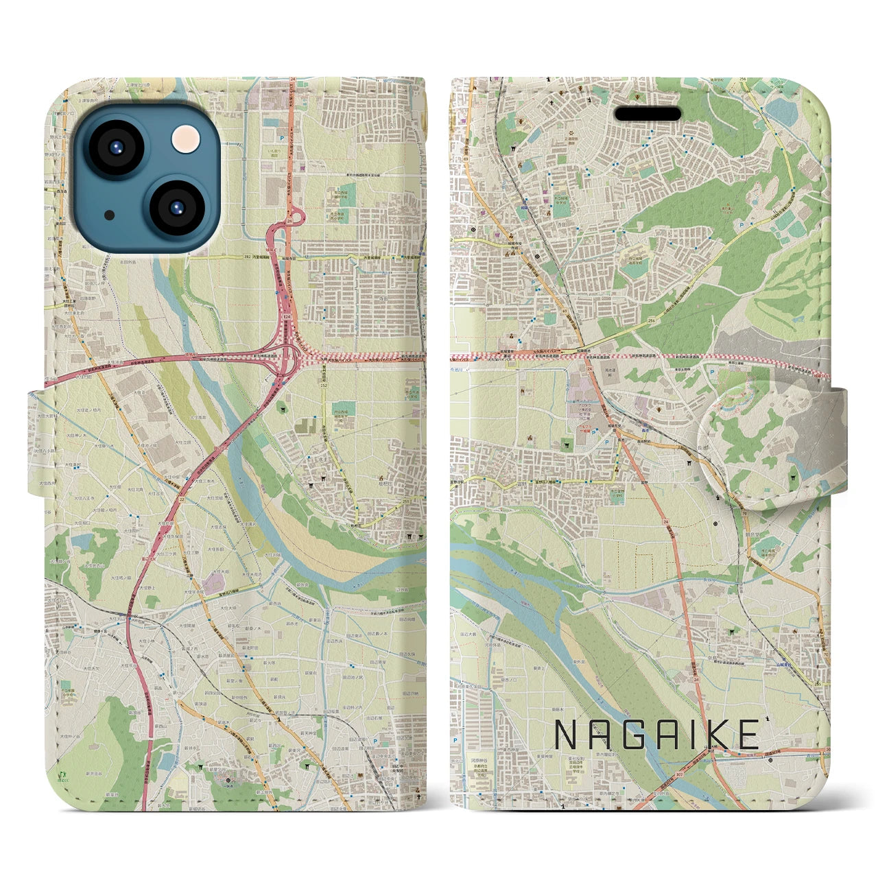 【長池】地図柄iPhoneケース（手帳両面タイプ・ナチュラル）iPhone 13 用