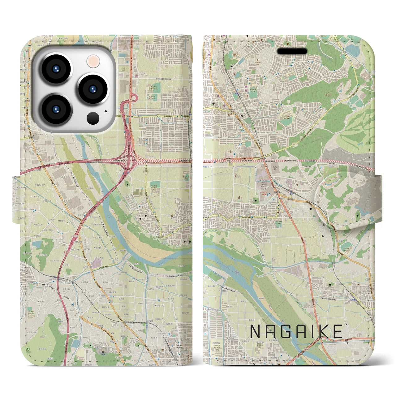 【長池】地図柄iPhoneケース（手帳両面タイプ・ナチュラル）iPhone 13 Pro 用