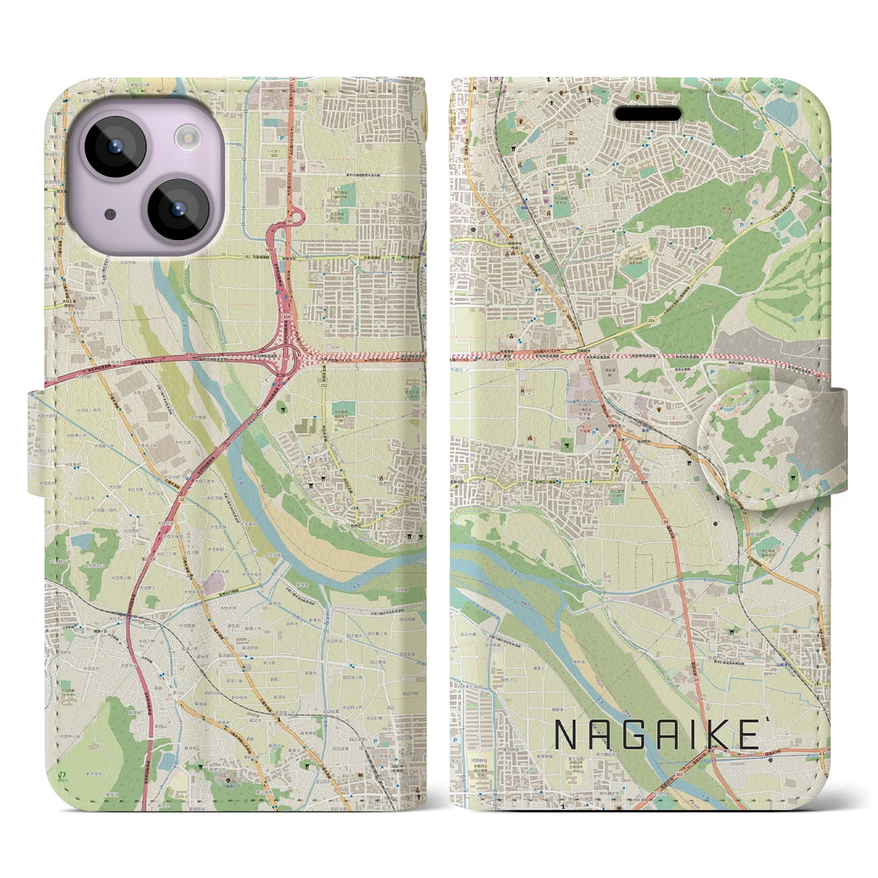 【長池】地図柄iPhoneケース（手帳両面タイプ・ナチュラル）iPhone 14 用
