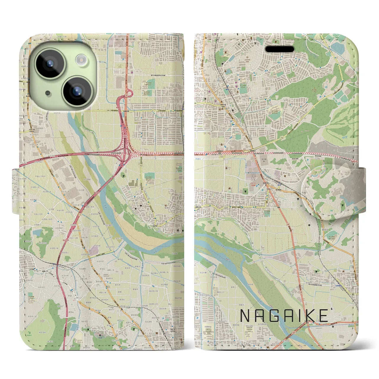 【長池】地図柄iPhoneケース（手帳両面タイプ・ナチュラル）iPhone 15 用