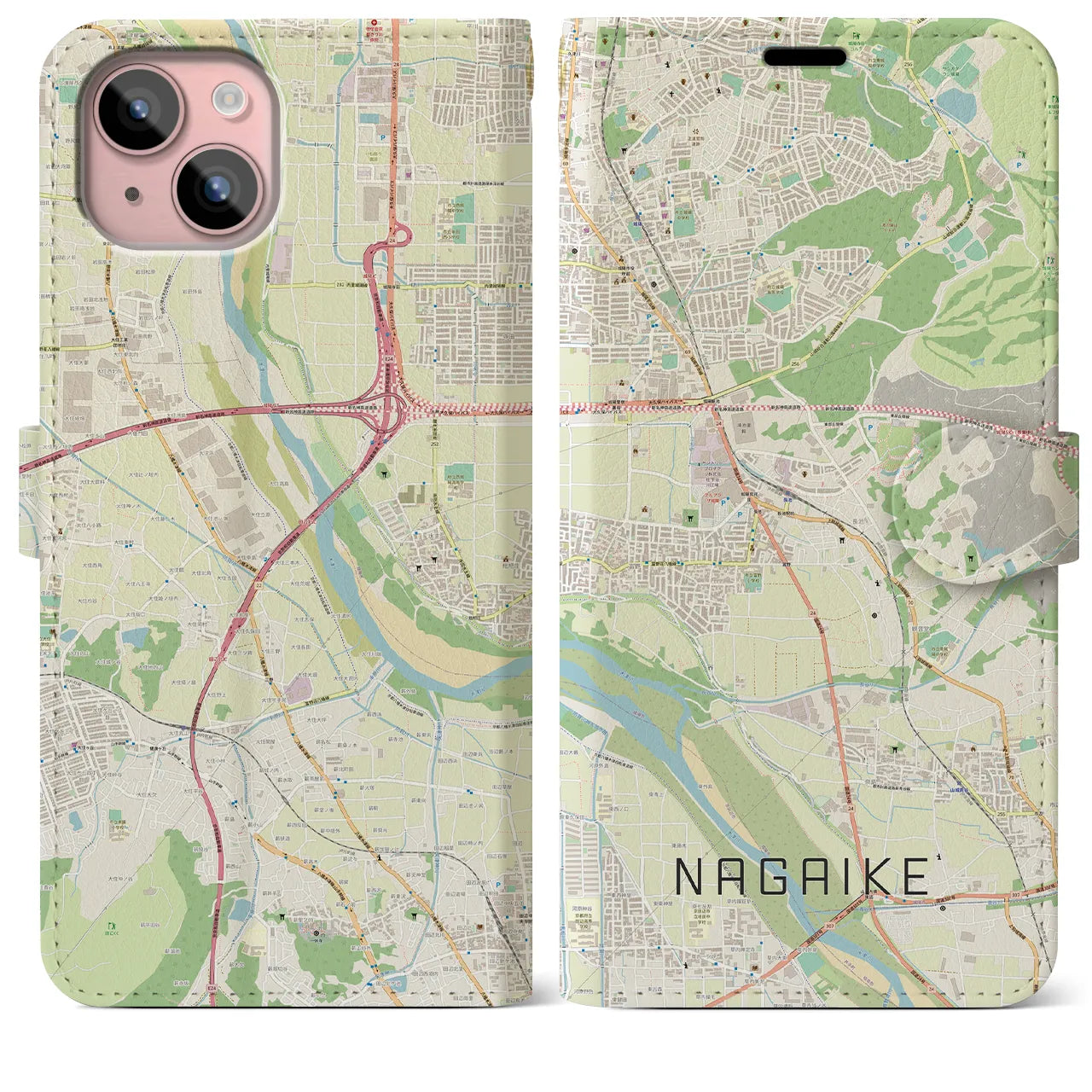 【長池】地図柄iPhoneケース（手帳両面タイプ・ナチュラル）iPhone 15 Plus 用