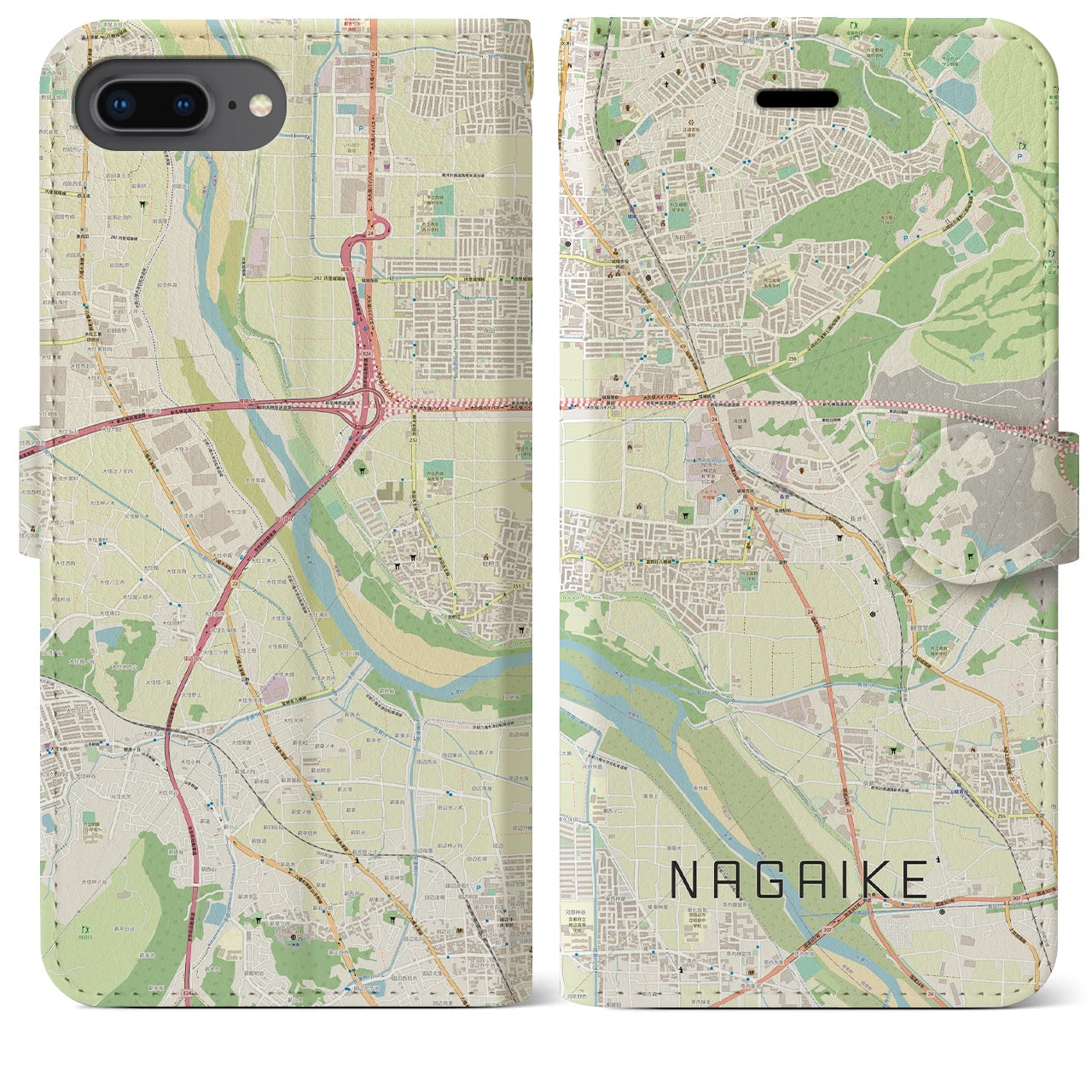 【長池】地図柄iPhoneケース（手帳両面タイプ・ナチュラル）iPhone 8Plus /7Plus / 6sPlus / 6Plus 用