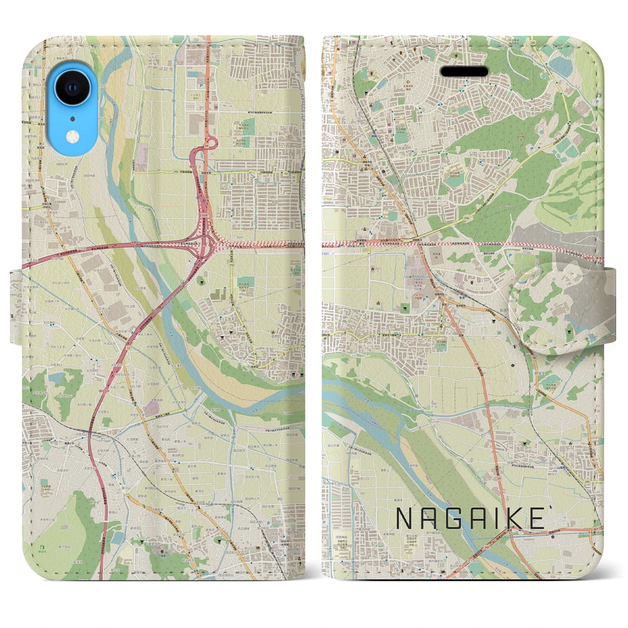【長池】地図柄iPhoneケース（手帳両面タイプ・ナチュラル）iPhone XR 用